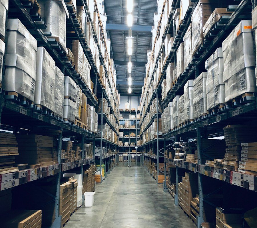 Storage racks inside a large warehouse